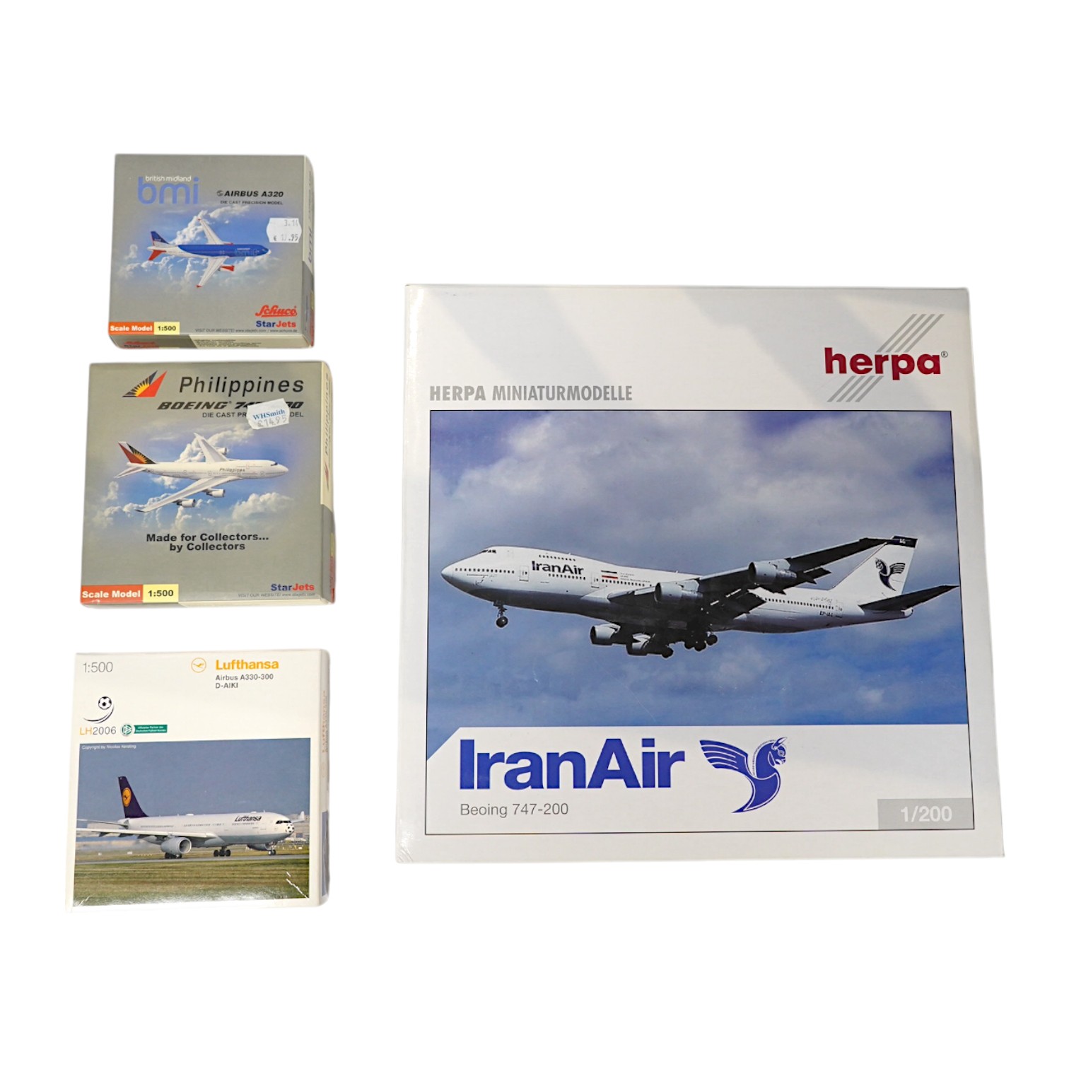 Twenty-four boxed models of modern passenger aircraft by Herpa, Schuco Star Jets, etc. in a mainly 1:500 scale and including three aircraft in 1:200 scale, operators include Lufthansa, Emirates, BMI, Qantas, etc. Conditi